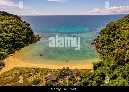 Bay and beach, island Nosy Hara, region Diana, drone shot, north Madagascar, Madagascar Stock Photo