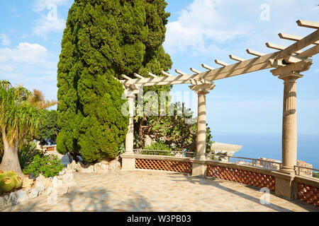 MONTE CARLO, MONACO - AUGUST 20, 2016: The exotic garden terrace with sea view and succulent plants in a sunny summer day in Monte Carlo, Monaco. Stock Photo