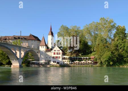 River Reuss with Reuss Bridge and Spittelturm, Old Town, Bremgarten, Canton Aargau, Switzerland Stock Photo