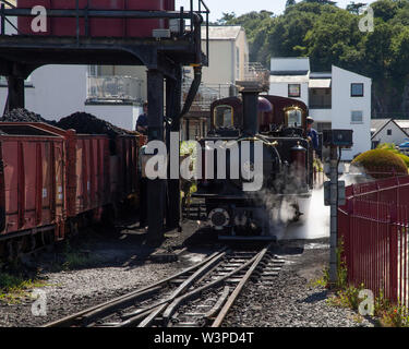 A Double Fairlie locomotive takes on coal and water at Porthmadog Station on the Festiniog Railway Stock Photo