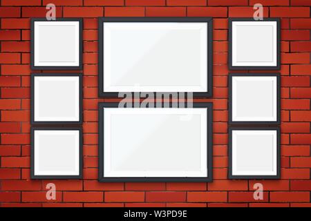 Red brick wall with picture frames Stock Vector