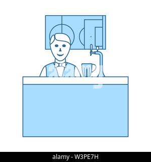 Sport Bar Stand With Barman Icon. Thin Line With Blue Fill Design. Vector Illustration. Stock Vector