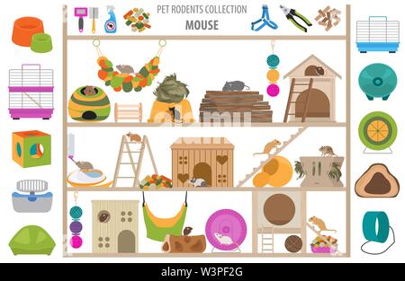 Pet rodents home accessories icon set flat style isolated on white ...