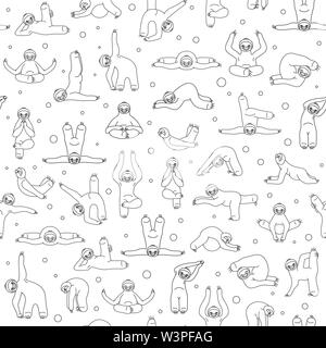 Sloth yoga seamless pattern. Funny cartoon animals in different postures set. Thin line design. Vector illustration Stock Vector