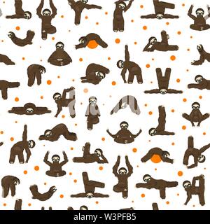 Sloth yoga seamless pattern. Funny cartoon animals in different postures set. Vector illustration Stock Vector