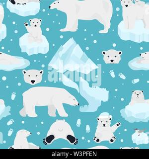 Polar bears set, teddy bear in Arctic seamless pattern. Vector illustration Stock Vector