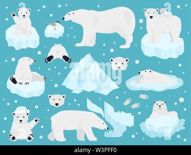Polar bears set, teddy bear in Arctic. Vector illustration Stock Vector