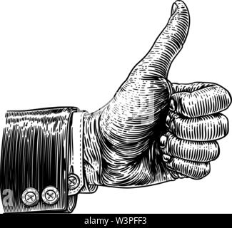 Thumbs Up Hand Sign Retro Vintage Woodcut Stock Vector