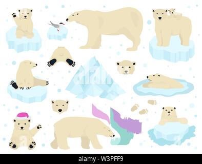 Polar bears set, teddy bear in Arctic. Vector illustration Stock Vector