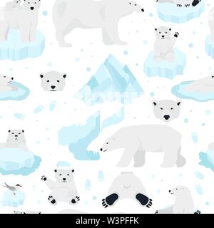 Polar bears set, teddy bear in Arctic seamless pattern. Vector illustration Stock Vector