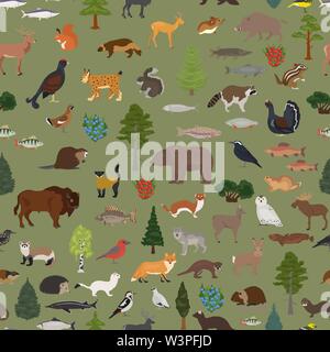 Taiga biome, boreal snow forest seamless pattern. Terrestrial ecosystem world map. Animals, birds, fish and plants design. Vector illustration Stock Vector