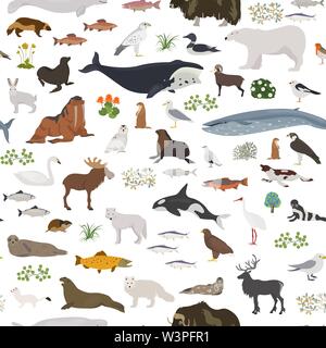 Tundra biome. Terrestrial ecosystem world map. Arctic animals, birds, fish and plants seamless pattern design. Vector illustration Stock Vector