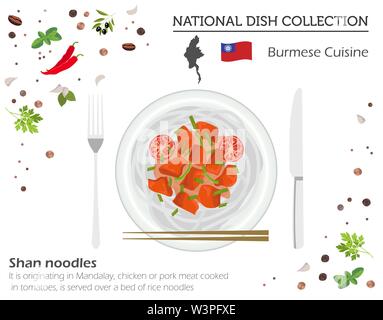 Burmese Cuisine. Asian national dish collection. Shan noodles isolated on white, infograpic. Vector illustration Stock Vector