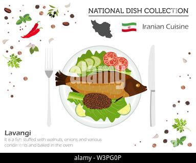 Iranian Cuisine. Middle East national dish collection.  Lavangi fish isolated on white, infograpic. Vector illustration Stock Vector