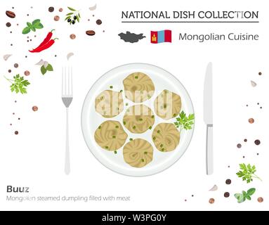 Mongolian Cuisine. Asian national dish collection. Buuz isolated on white, infograpic. Vector illustration Stock Vector