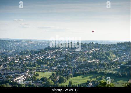 Bath, Somerset, UK. 7th July 2019.  View of Bath and Larkhall in foreground from Little Solsbury Hill in Batheaston, Somerset, UK. Stock Photo