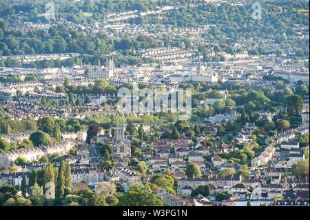 Bath, Somerset, UK. 7th July 2019.  View of Bath and Larkhall in foreground from Little Solsbury Hill in Batheaston, Somerset, UK. Stock Photo