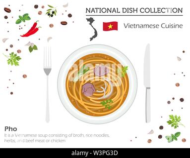 Vietnamese Cuisine. Asian national dish collection. Pho soup isolated on white, infograpic. Vector illustration Stock Vector