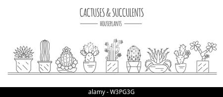 Cactuses and succulents icon set. Houseplants. Thin line design. Vector illustration Stock Vector