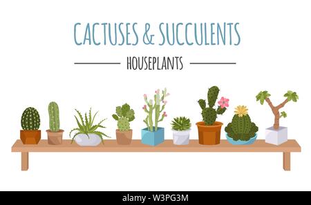 Cactuses and succulents icon set. Houseplants. Vector illustration Stock Vector
