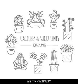 Cactuses and succulents icon set. Houseplants. Thin line design. Vector illustration Stock Vector