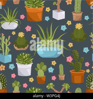 Cactuses and succulents seamless pattern. Houseplants. Vector illustration Stock Vector