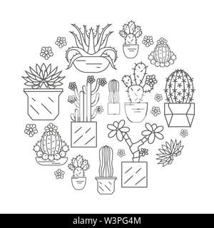 Cactuses and succulents icon set. Houseplants. Thin line design. Vector illustration Stock Vector