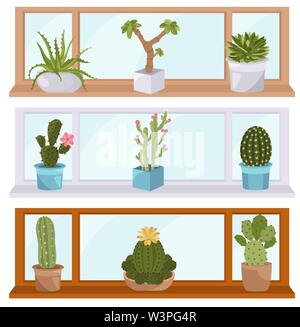 Cactuses and succulents icon set. Houseplants. Vector illustration Stock Vector