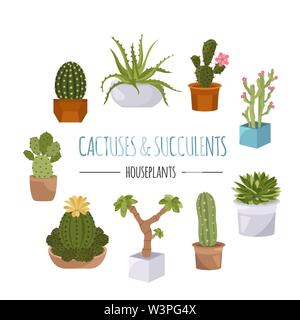 Cactuses and succulents icon set. Houseplants. Vector illustration Stock Vector