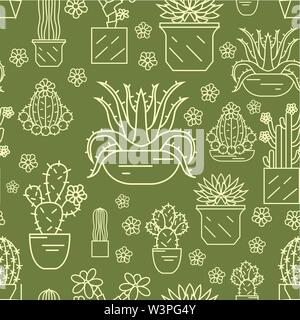 Cactuses and succulents seamless pattern. Thin line design. Houseplants. Vector illustration Stock Vector