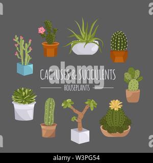 Cactuses and succulents icon set. Houseplants. Vector illustration Stock Vector