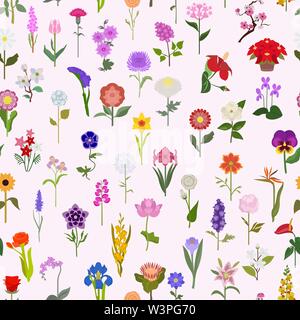 Your garden guide. Top 50 most popular flowers seamless pattern. Vector illustration Stock Vector