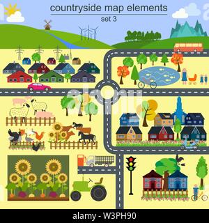 Contryside map elements for generating your own infographics, maps. Vector illustration Stock Vector