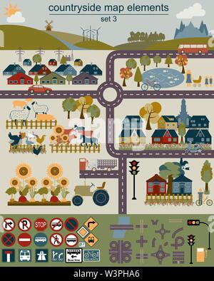 Contryside map elements for generating your own infographics, maps. Vector illustration Stock Vector