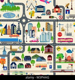 City map generator. City map example. Elements for creating your perfect city. Colour version. Seamless pattern. Vector illustration Stock Vector