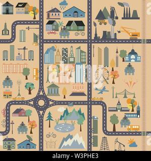 City map generator. City map example. Elements for creating your perfect city. Colour version. Seamless pattern. Vector illustration Stock Vector