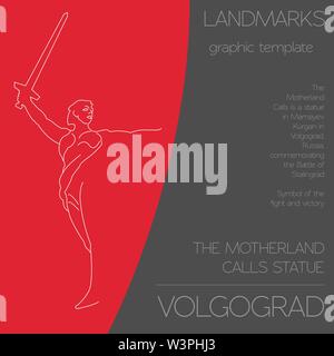 World landmarks. Volgograd. Russia. The Motherland Calls Statue on the Mamaev Kurgan. For heroes of the Battle of Stalingrad. Graphic template, logos. Stock Vector