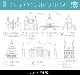 Big set City generator. House constructor. Religious buildings. Outline minimal icon version. Make your perfect city. Vector illustration Stock Vector