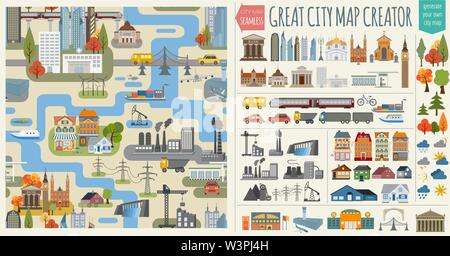 Great city map creator.Seamless pattern map and  Houses, infrastructure, industrial, transport, village and countryside set. Make your perfect city. V Stock Vector
