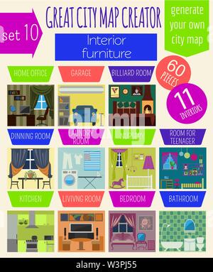 Great city map creator. House constructor.Interiors, furniture. Make your perfect city. Vector illustration Stock Vector