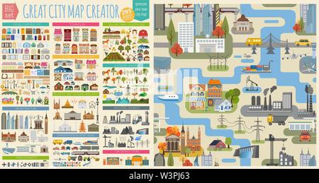 Great city map creator.Seamless pattern map and  Houses, infrastructure, industrial, transport, village and countryside set. Make your perfect city. V Stock Vector