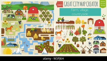 Great city map creator.Seamless pattern map. Village, farm, countryside, agriculture. Make your perfect city. Vector illustration Stock Vector