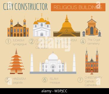 Big set City generator. House constructor. Religious buildings. Make your perfect city. Vector illustration Stock Vector