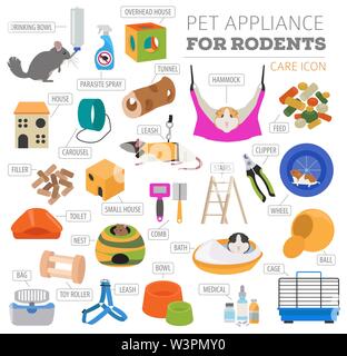 Pet appliance icon set flat style isolated on white. Rodents care collection. Create own infographic about guinea pig, rat, hamster, chinchilla, mouse Stock Vector