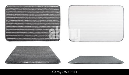 Carpet Isolated on White Background, Top View and Side. Grey Door Mat with Striped Repeated Horizontal Object on White Studio with Clipping Path. Mode Stock Photo
