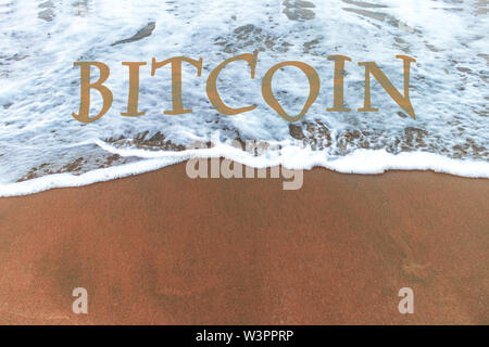 Concept of bitcoin on waves on the beach side . ups and downs in cryptocurrency  . trending  advertisement banner Stock Photo