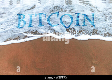 Concept of bitcoin on waves on the beach side . ups and downs in cryptocurrency  . trending  advertisement banner Stock Photo