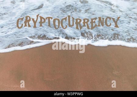 Concept of bitcoin on waves on the beach side . ups and downs in cryptocurrency  . trending  advertisement banner Stock Photo