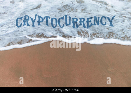 Concept of bitcoin on waves on the beach side . ups and downs in cryptocurrency  . trending  advertisement banner Stock Photo
