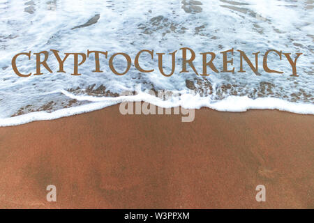 Concept of bitcoin on waves on the beach side . ups and downs in cryptocurrency  . trending  advertisement banner Stock Photo